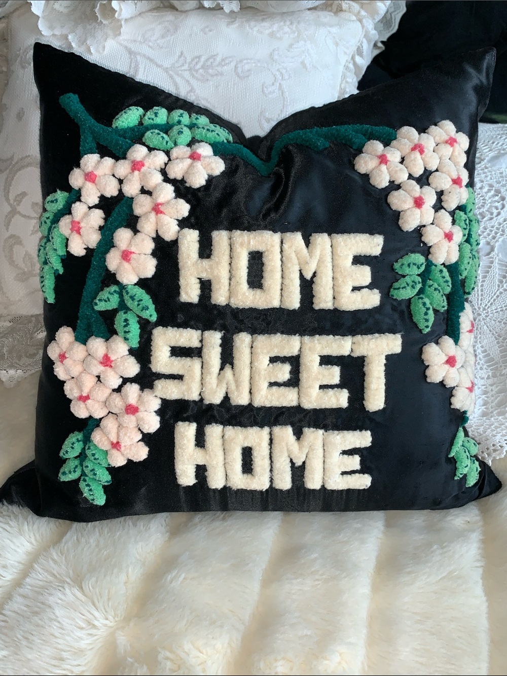 Vintage Home Sweet Home black satin chenille carpet stitch pillow cushion